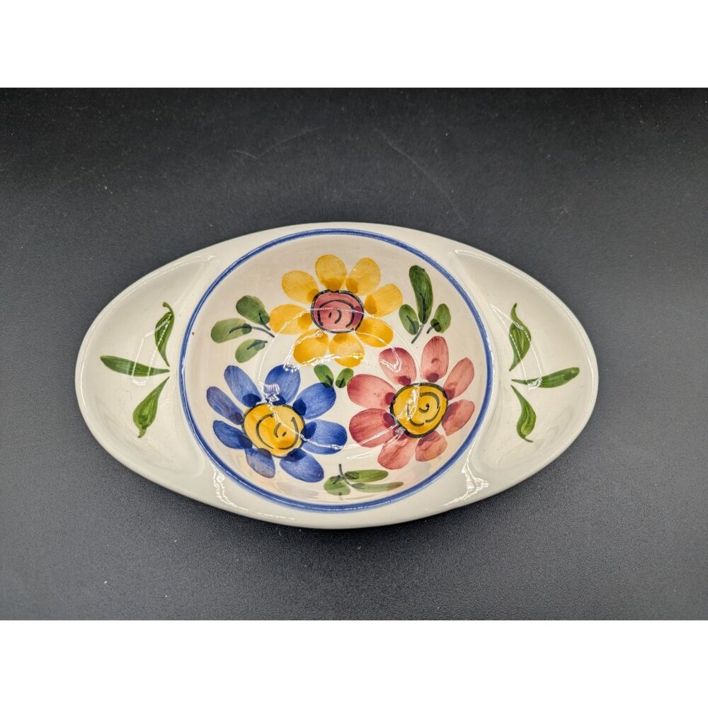 Hand Painted Amfora Portugal Ceramic Floral Pattern Oval Olive Dish